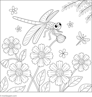 Dragonfly and Flowers coloring page – free printable for kids to color and enjoy