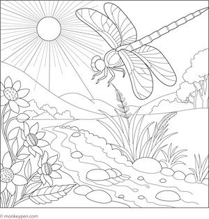 Dragonfly Flying Over a Stream coloring page – free printable for kids to color and enjoy