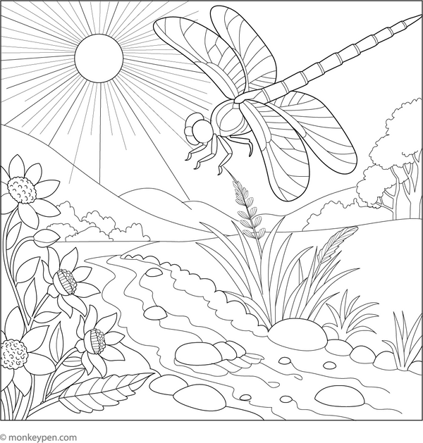 Dragonfly Flying Over a Stream coloring page – free printable for kids to color and enjoy