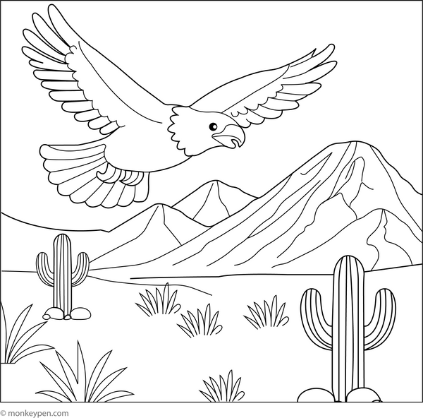 Eagle Flying in Desert Land Colouring Page for Children