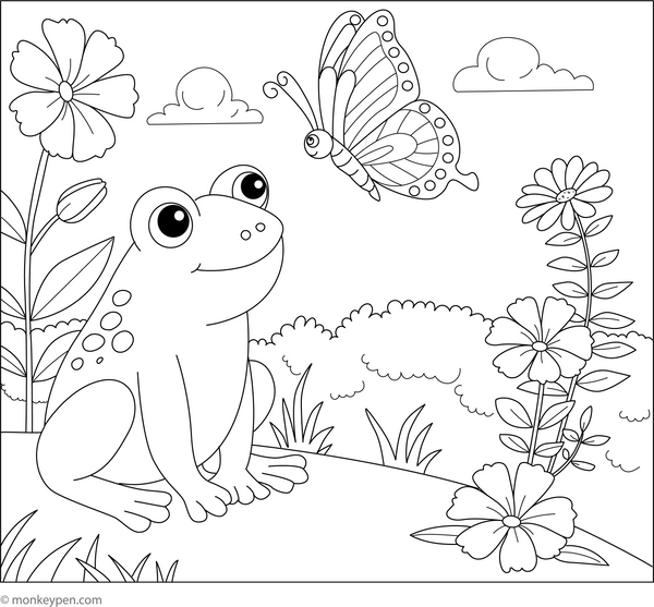 Frog and a Butterfly coloring page – free printable for kids to color and enjoy