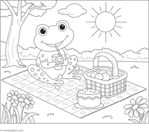 Frog and a Picnic coloring page – free printable for kids to color and enjoy
