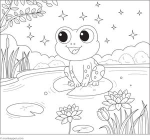 Frog and a Magical Pond coloring page – free printable for kids to color and enjoy