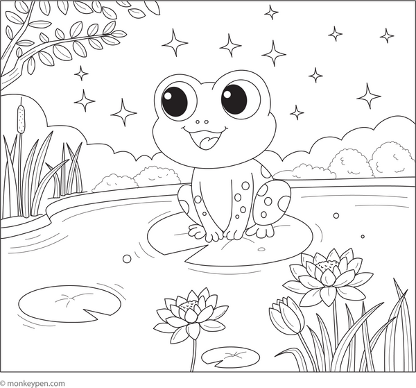 Frog and a Magical Pond coloring page – free printable for kids to color and enjoy