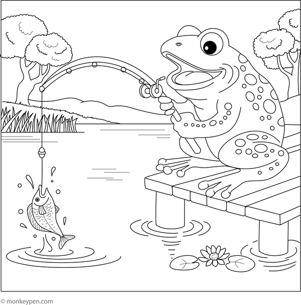 Frog and a Fishing Rod coloring page – free printable for kids to color and enjoy