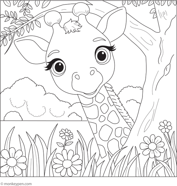 Giraffe Playing Hide and Seek coloring page – free printable for kids to color and enjoy