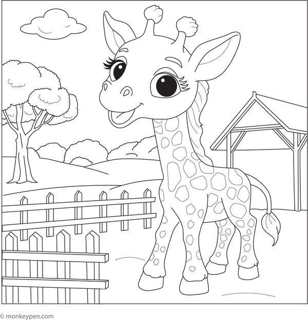 Giraffe at the Zoo coloring page – free printable for kids to color and enjoy