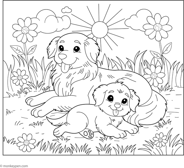 Golden Retriever and a Puppy coloring page – free printable for kids to color and enjoy