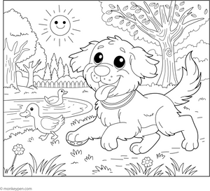 Golden Retriever in a Park coloring page – free printable for kids to color and enjoy