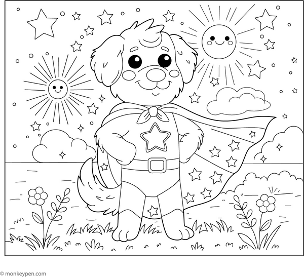 Golden Retriever as a Superhero coloring page – free printable for kids to color and enjoy