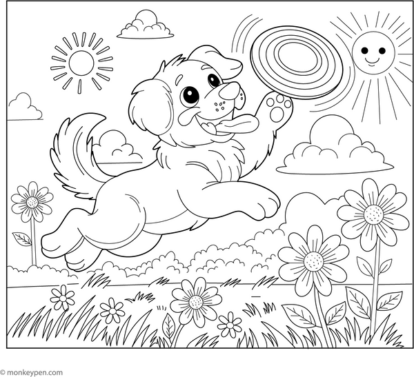 Golden Retriever with a Frisbee coloring page – free printable for kids to color and enjoy