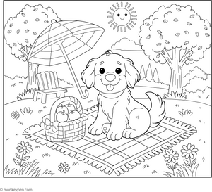 Golden Retriever and a Picnic coloring page – free printable for kids to color and enjoy