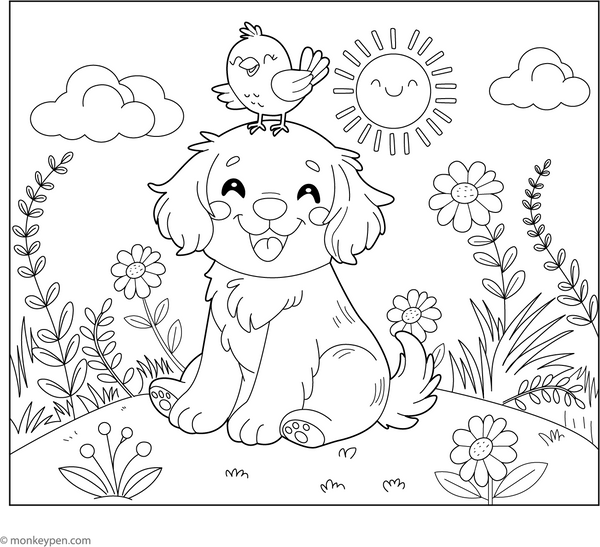 Golden Retriever and a Bird Friend coloring page – free printable for kids to color and enjoy