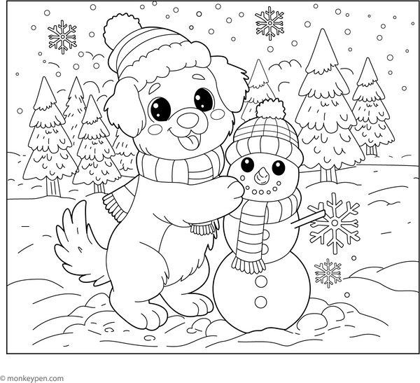 Golden Retriever Building a Snowman coloring page – free printable for kids to color and enjoy