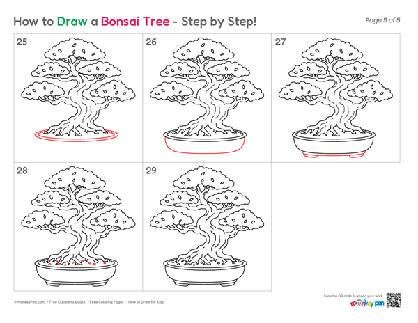 How to draw a bonsai tree step by step using simple techniques, clean outlines, and fun instructions for kids and beginners.