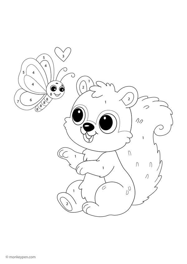 Free downloadable color-by-number worksheet featuring a playful squirrel and a butterfly in a woodland setting—kids can follow numbered sections to color this relaxing nature scene while building number and color recognition skills.