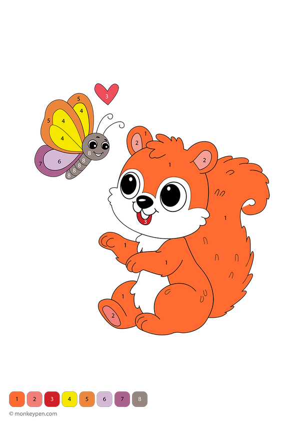 Free downloadable color-by-number worksheet featuring a playful squirrel and a butterfly in a woodland setting—kids can follow numbered sections to color this relaxing nature scene while building number and color recognition skills.