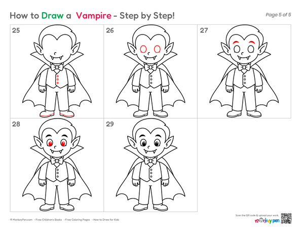 Vampire sketch progression showing facial features, clothing, and spooky details.
