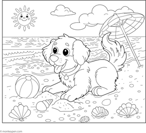 Golden Retriever at the Beach coloring page – free printable for kids to color and enjoy