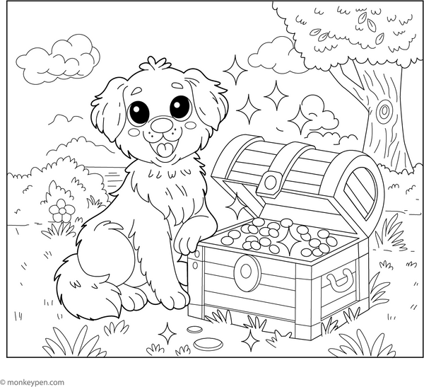 Golden Retriever with a Treasure Chest coloring page – free printable for kids to color and enjoy