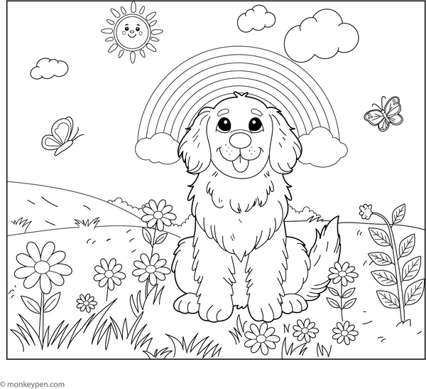 Golden Retriever and a Rainbow coloring page – free printable for kids to color and enjoy