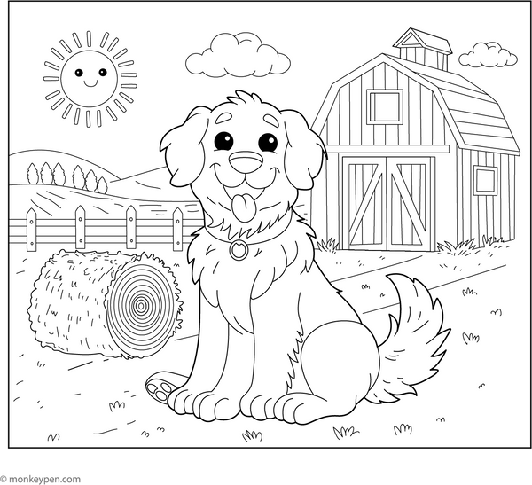 Golden Retriever on a Farm coloring page – free printable for kids to color and enjoy