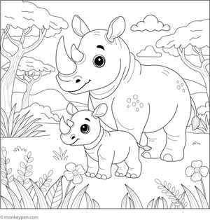 Baby Rhino with Mom coloring page – free printable for kids to color and enjoy