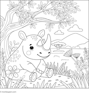 Rhino Under a Tree coloring page – free printable for kids to color and enjoy