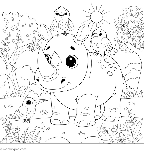 Rhino and Bird Friends coloring page – free printable for kids to color and enjoy