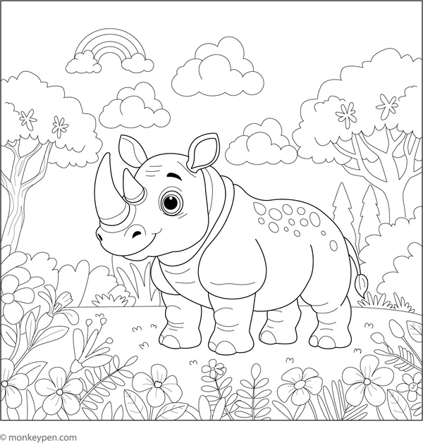 Rhino in a Jungle coloring page – free printable for kids to color and enjoy