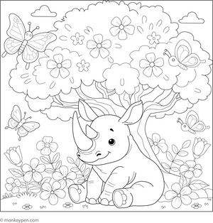 Rhino and Butterfly coloring page – free printable for kids to color and enjoy