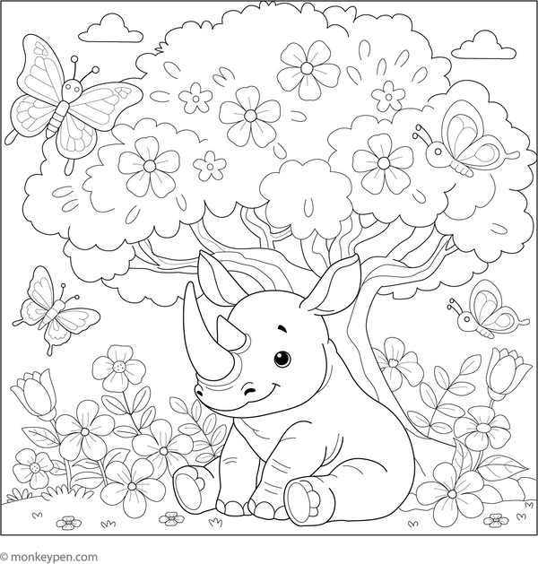 Rhino and Butterfly coloring page – free printable for kids to color and enjoy