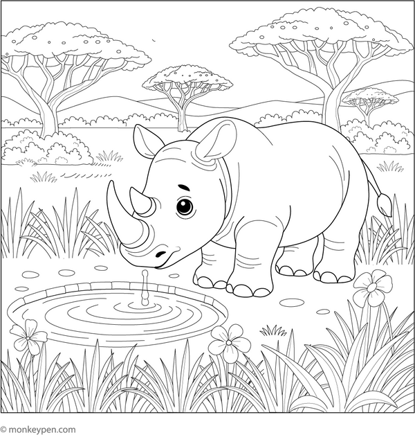 Rhino and Waterhole coloring page – free printable for kids to color and enjoy
