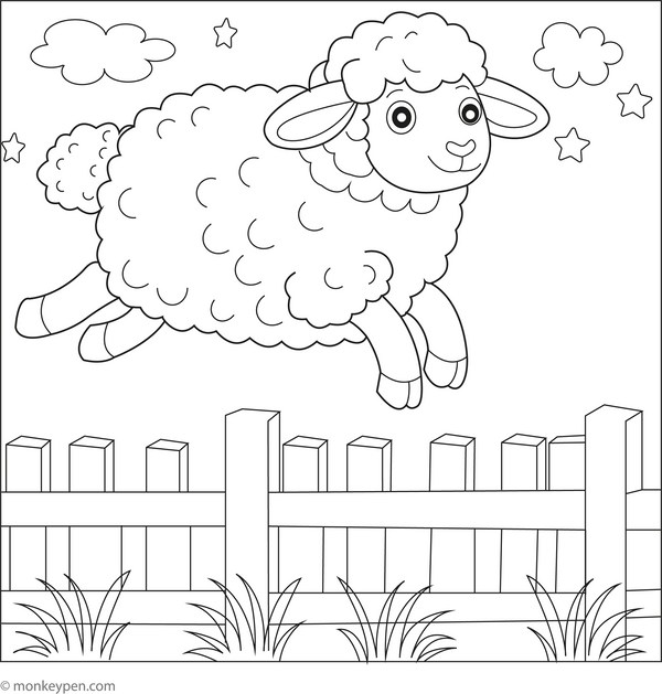 Sheep Jumping over a Fence coloring page – free printable for kids to color and enjoy
