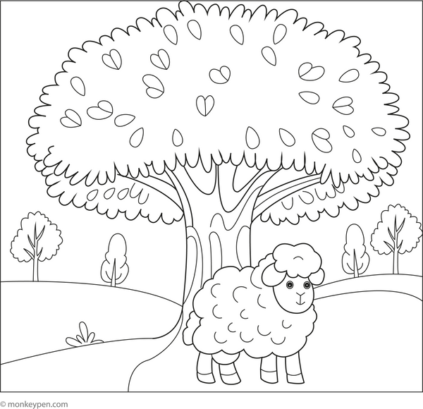 Sheep under a Tree coloring page – free printable for kids to color and enjoy