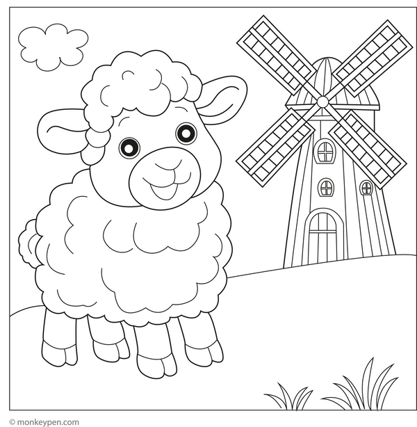 Sheep and Windmill coloring page – free printable for kids to color and enjoy