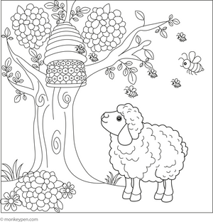 Sheep and Bee Hive coloring page – free printable for kids to color and enjoy