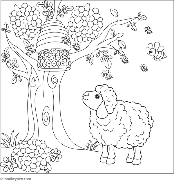 Sheep and Bee Hive coloring page – free printable for kids to color and enjoy