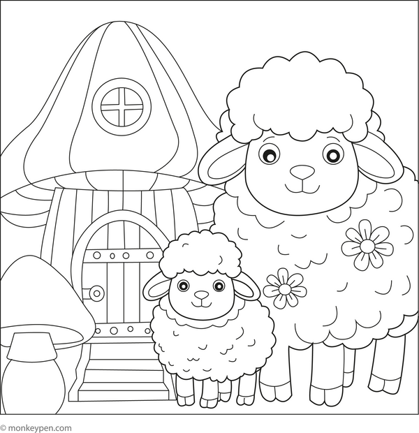 Sheep and a Mushroom House coloring page – free printable for kids to color and enjoy