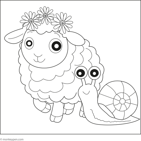 Sheep with Snail Friend coloring page – free printable for kids to color and enjoy