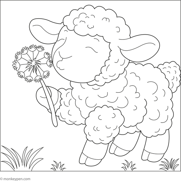 Sheep Blowing on Dandelion coloring page – free printable for kids to color and enjoy