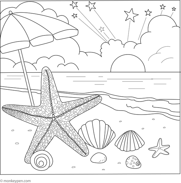 Starfish on the Beach coloring page – free printable for kids to color and enjoy