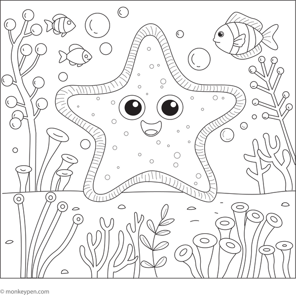 Starfish and Coral Reef coloring page – free printable for kids to color and enjoy