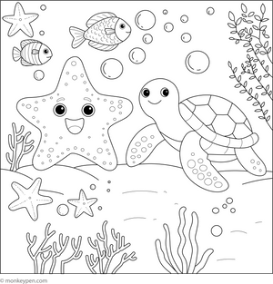 Starfish and a Sea Turtle coloring page – free printable for kids to color and enjoy