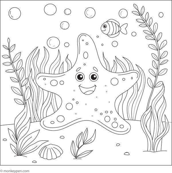 Starfish in a Seaweed Forest coloring page – free printable for kids to color and enjoy
