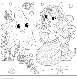 Starfish and a Mermaid coloring page – free printable for kids to color and enjoy