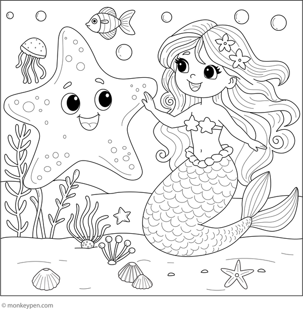 Starfish and a Mermaid coloring page – free printable for kids to color and enjoy