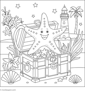 Starfish in a Treasure Chest coloring page – free printable for kids to color and enjoy