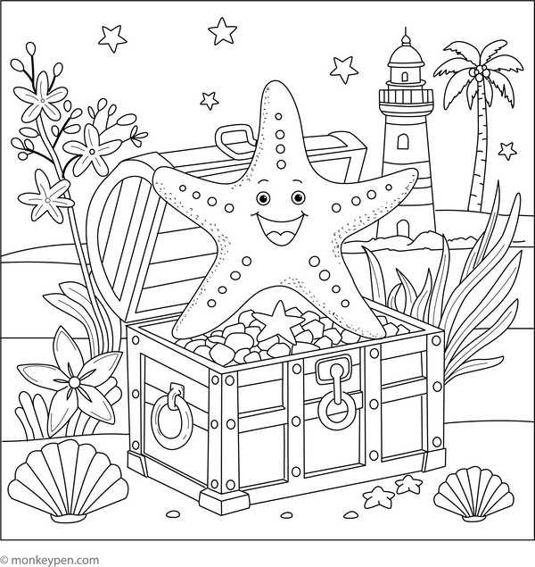 Starfish in a Treasure Chest coloring page – free printable for kids to color and enjoy