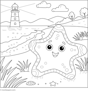 Starfish and a Lighthouse coloring page – free printable for kids to color and enjoy